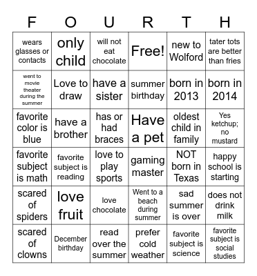 First Day of 4th Grade 2023 Bingo Card