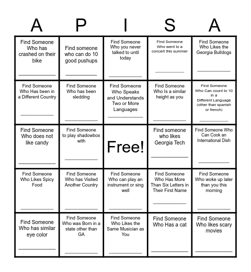 Find a Friend Bingo Card