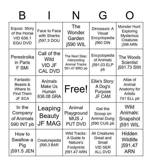 Animal Bingo Card