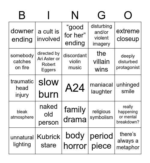 A24 Horror Bingo Card