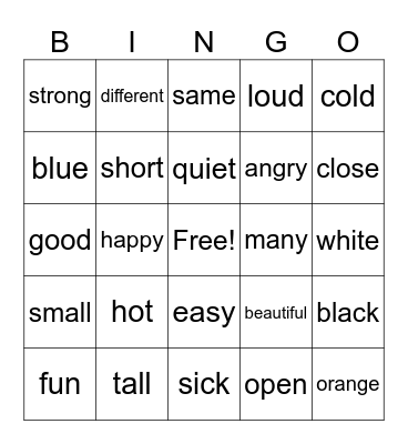 Adjective Bingo Card