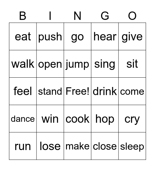 Verb Bingo Card