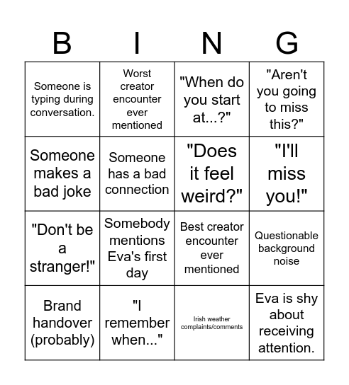 Eva's Farewell Bingo Card