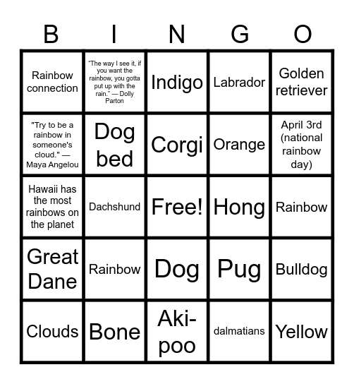 Rainbows and puppies Bingo Card