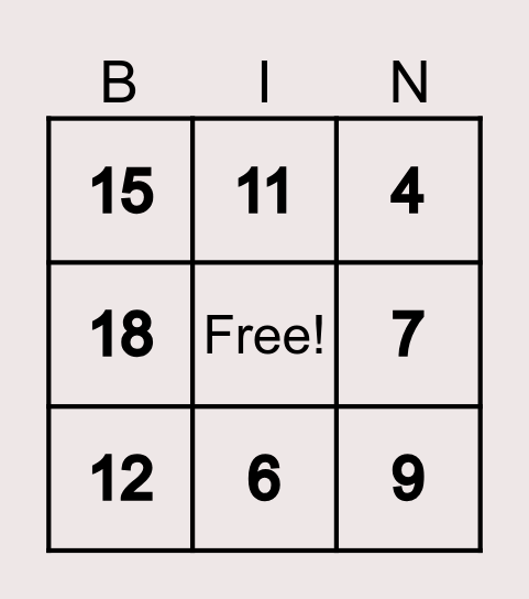 Numbers 1-20 Bingo Card