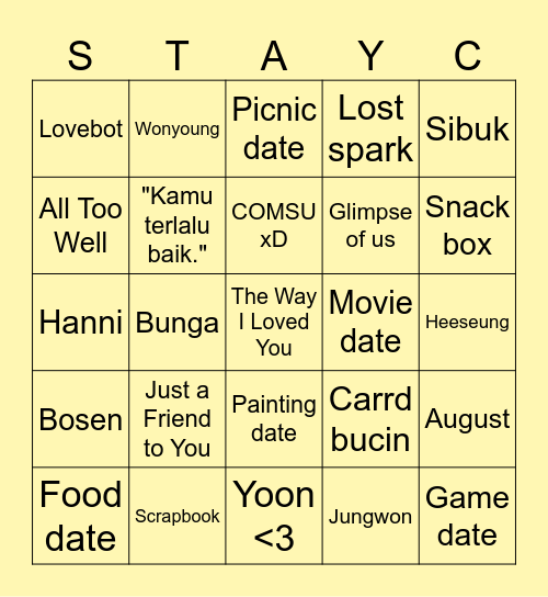 Yoon's Bingo Card