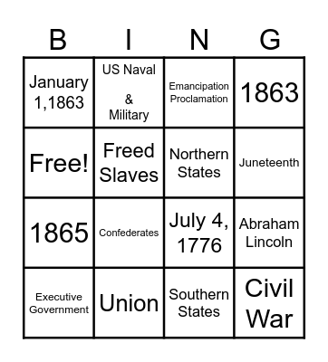 Emancipation Proclamation Bingo Card