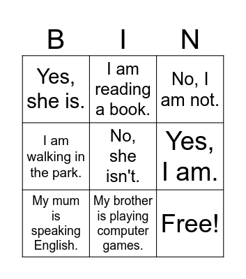 Present continuous Question Answers Bingo Card