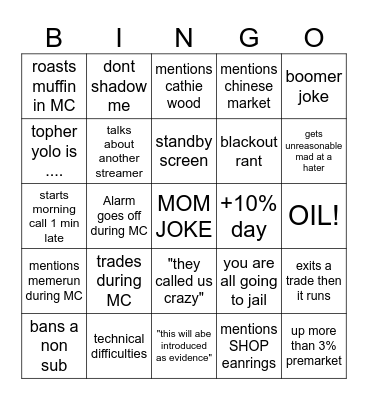 stockybingo 31 july Bingo Card