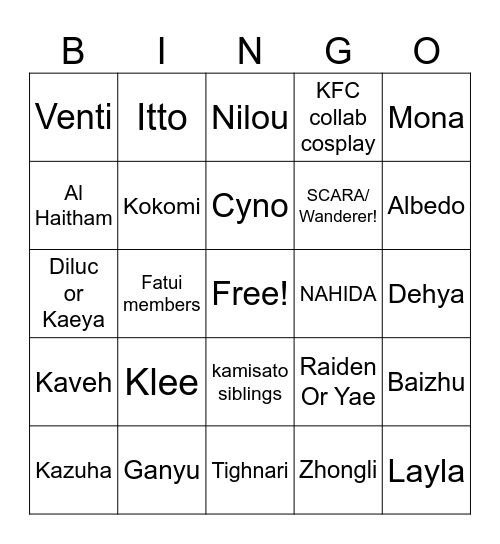 Genshin Cosplays Bingo Card