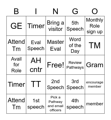Professionally Speaking Toastmasters Bingo Card