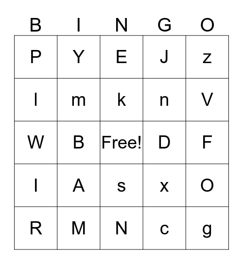 Our Letters Bingo Card