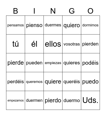 Stem-Change Verbs Bingo Card