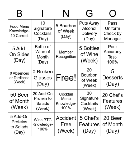 Bartender Bingo Card