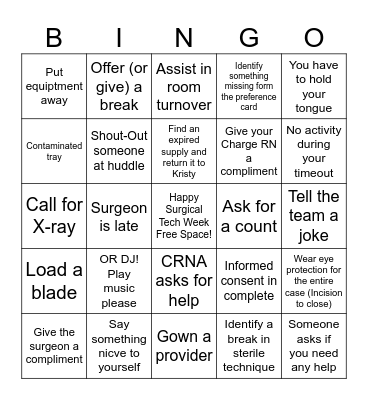 Surgical Tech Week Bingo Card