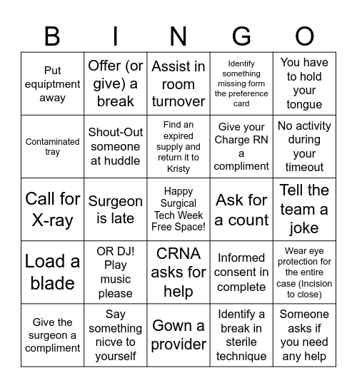 Surgical Tech Week Bingo Card