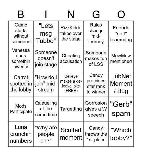 Tubnet Tourneys Experience Bingo Card