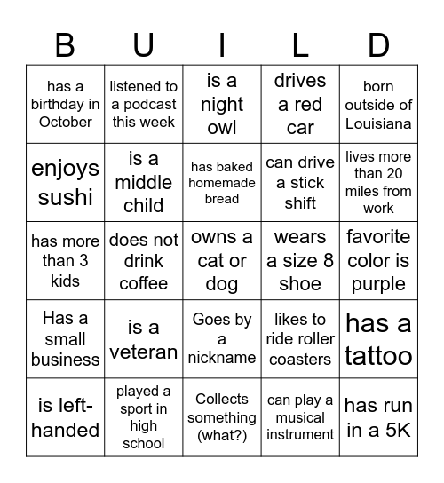 "Building on the Best" Bingo Card