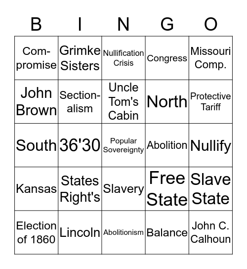 Sectionalism Bingo Card