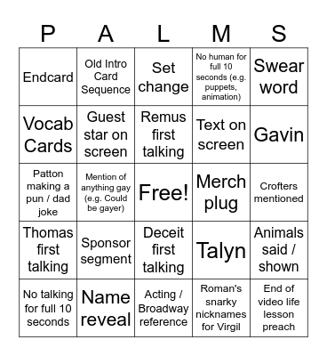 Thomas Sander Sides Episode BINGO Card