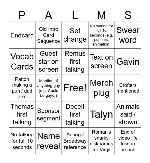 Thomas Sander Sides Episode BINGO Card