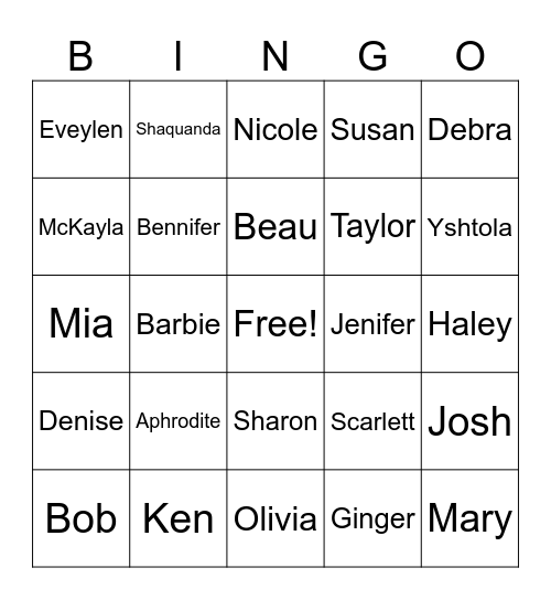 Names Not Jennifer Bingo Card