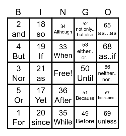 Conjunction Bingo Card