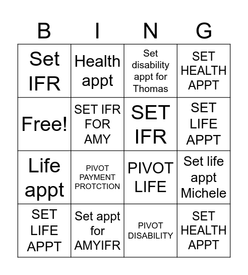 Appointment setting Bingo Card