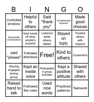 BEHAVIOR BINGO Card