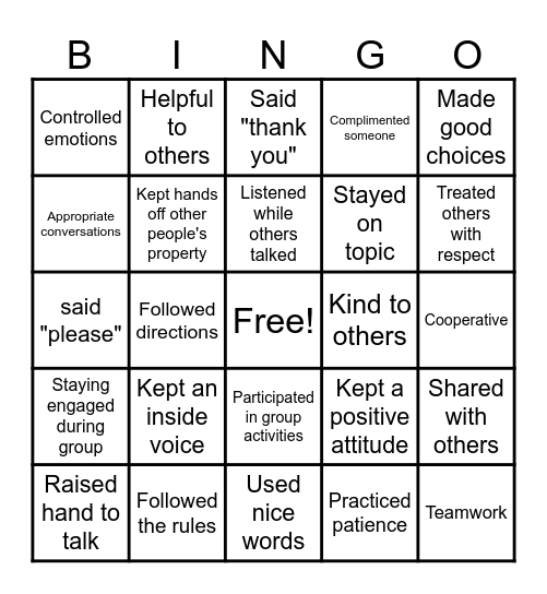 BEHAVIOR BINGO Card