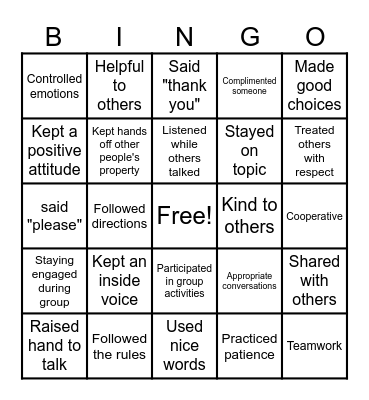 BEHAVIOR BINGO Card