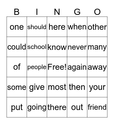 Sight Word Bingo Card