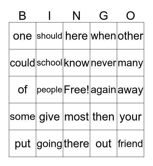 Sight Word Bingo Card