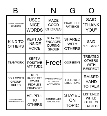 Behavior Bingo Card