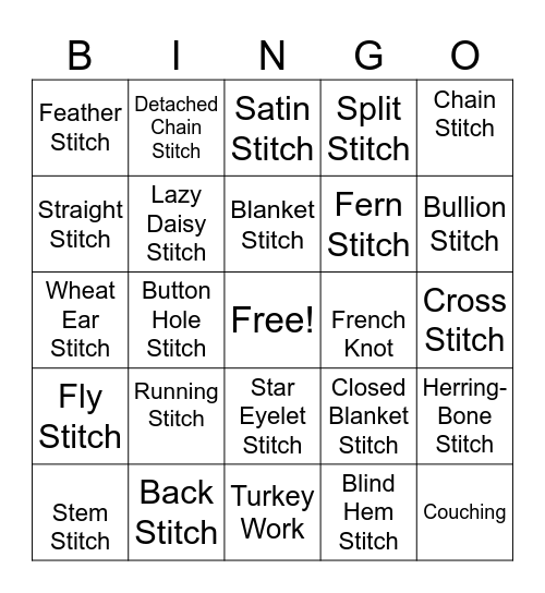Embroidery Stitches Bingo Card