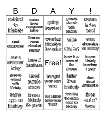 Blakely's Birthday Bingo Card