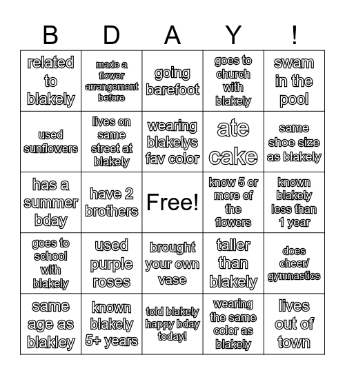 Blakely's Birthday Bingo Card