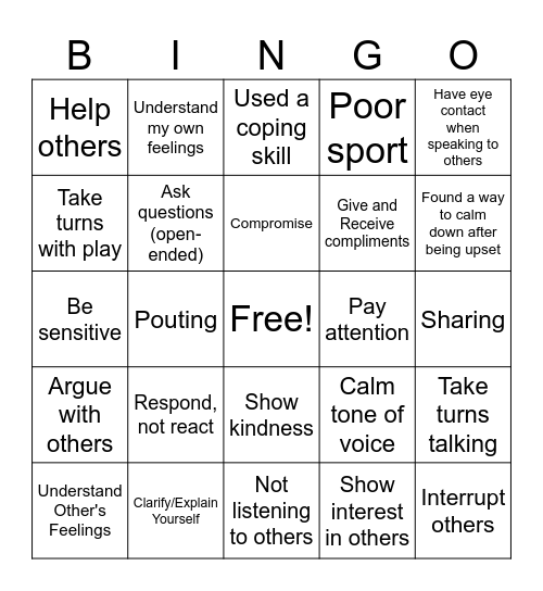 Social Skills Bingo Card