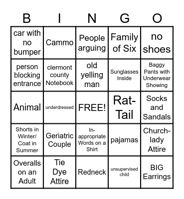 People Watching Bingo Card