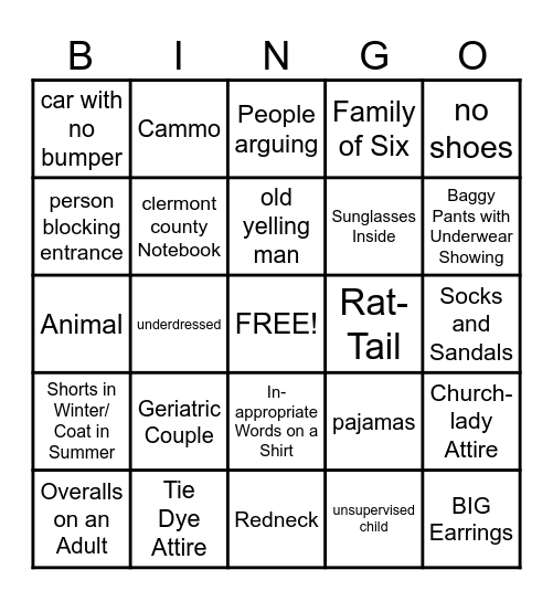 People Watching Bingo Card