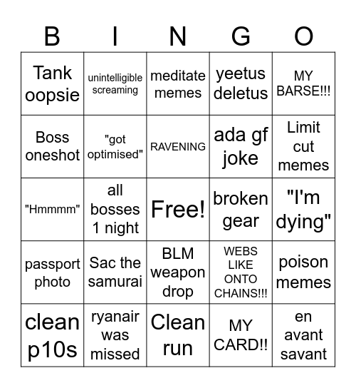 Nuts on Fire Raid Bingo Card