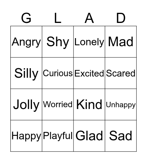 Feelings Bingo Card