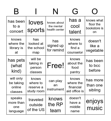 BCC Game Day Bingo Card