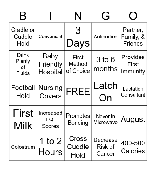 BREASTFEEDING BINGO! Bingo Card