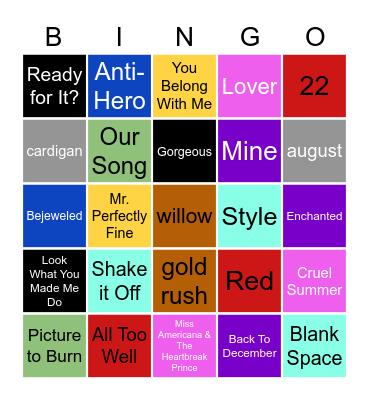 SWIFTIE MUSIC BINGO Card