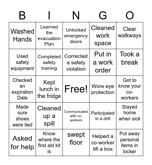 Workplace Safety Bingo Card