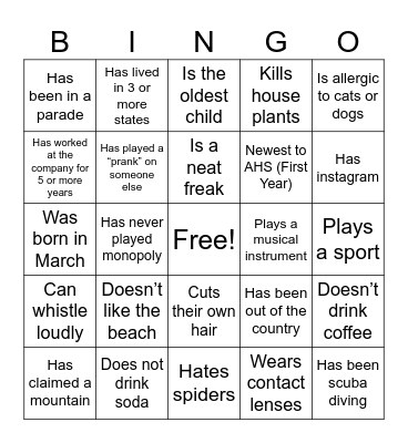 Get To KNow Bingo Card