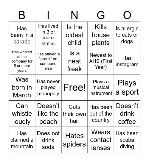 Get To KNow Bingo Card