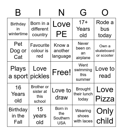 Get to Know You-School Bingo Card