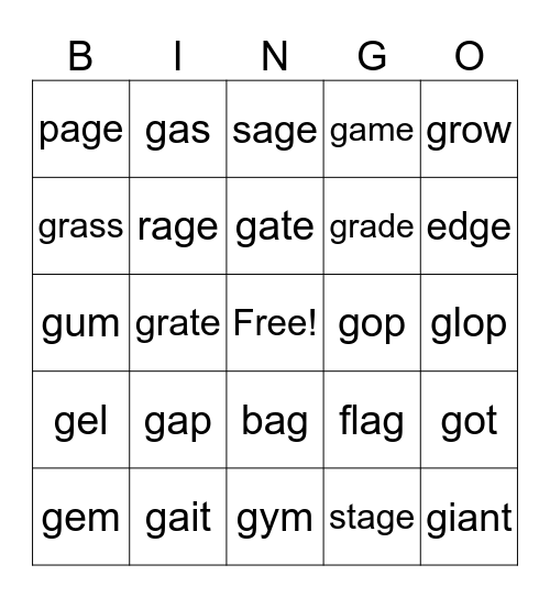 soft and hard g Bingo Card